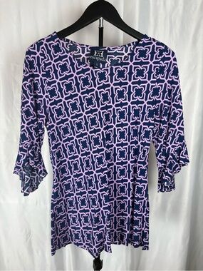 Escapada Women’s Small Navy Pink Geometric Print Bell Sleeve Tunic Top